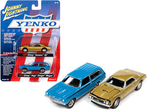 1967 Chevrolet Camaro SS Gold Metallic and 1972 Chevrolet Vega Stinger Wagon Blue \"YENKO\" Set of 2 Cars 1/64 Diecast Model Cars by Johnny Lightning